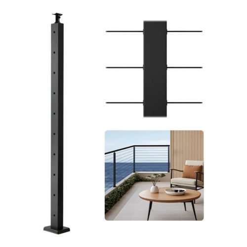 Kábelkorlát oszlop vízszintes furatokkal fekete 914x50,8x50,8 mm rozsdamentes acél