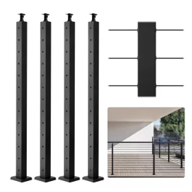 Drótköteles korlátoszlop szett 107x5x5 cm 4 darabos fekete rozsdamentes acél, vízszintes furatokkal