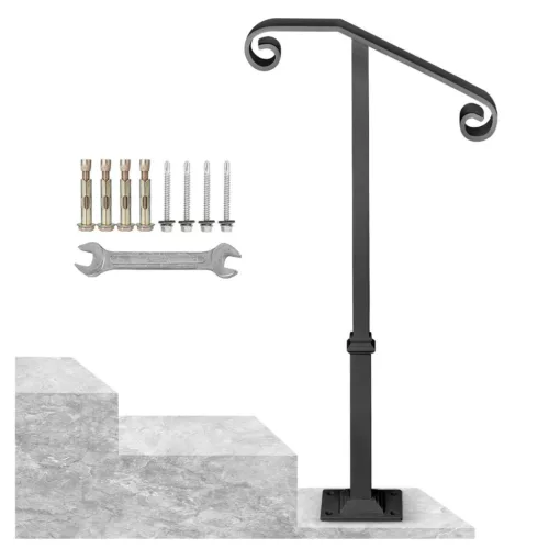 Szürke-fekete kovácsoltvas kültéri lépcsőkorlát – 1 oszloppal, 1–2 lépcsőfokra