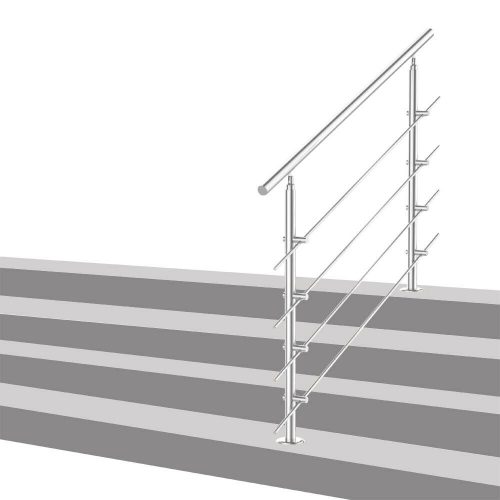 Stainless steel stair railing, 150 cm long handrail with 42 mm diameter, made of acid-resistant inox material, with 4 anti-fall cross bars 