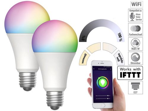 2 pieces of smart lighting Luminea Home Control WLAN RGB white and colored bulb 9W E27 color changing lamp