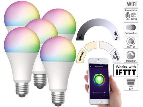 5 db okos világítás Luminea Home Control WLAN RGB fehér és színes izzó 9W E27 színváltós lámpa