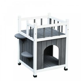   Macskaház kisállatház erkéllyel macskáknak kutyáknak tömör fa, szürke-fehér 54x45x60 cm