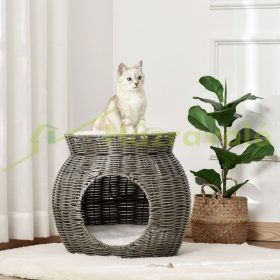   Kisállat ágy macskafekhely Ø50x43,5cm macskaágy rattan kosár párnával kétszintes szürke fekvőhely