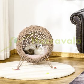   Kisállat ágy macska fekhely Ø52x58 cm macskaágy rattan kosár párnával emelt kialakítású natúr