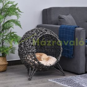   Kisállat ágy macska fekhely Ø52x58 cm macskaágy rattan kosár párnával emelt kialakítású szürke