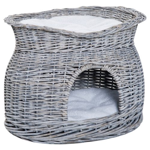 Macskafekhely 56x37x40 cm macskaágy rattan kosár párnával kétszintes szürke fekvőhely