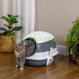  Macskaalomtálca macska WC fedett alomtálca 52x41x38 cm alomfogóval, bejárat padlóráccsal, levehető fedéllel