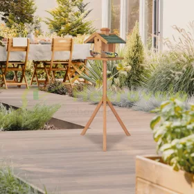   Madáretető 135x68x55 cm álló fenyőfa madáretető állványos eleségtartó kerti dekoráció natúr-zöld