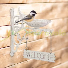   Fali madáritató 27x13x23 cm "Welcome" feliratú falra rögzíthető madárfürdető tál kerti dekoráció fehér