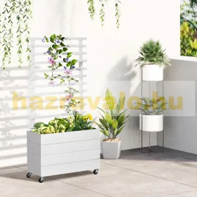   Fa magaságyás 76x30x155 cm gurulós virágtartó ráccsal, fehér növényfuttató ültető láda
