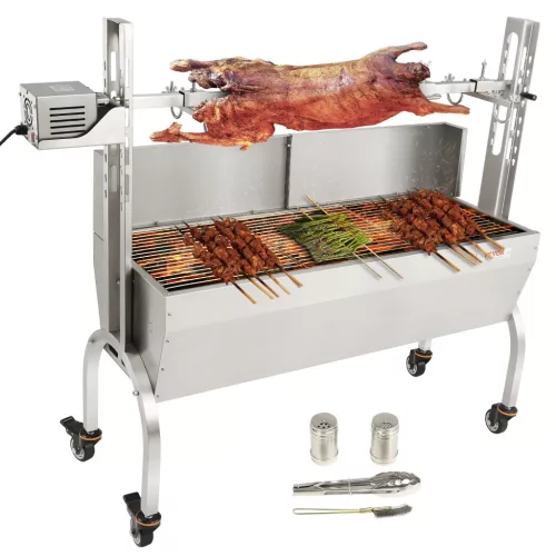 malac/bárány grill, 117 cm, 60 kg, rozsdamentes acél forgónyárs, 4 magasságban állítható, 50 W, 2 az 1-ben BBQ forgónyárs fűszertartóval, tisztítókefével és fogantyúval, elektromos grill terelőlemezzel