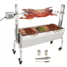   malac/bárány grill, 117 cm, 41 kg, rozsdamentes acél forgónyárs, 4 magasságban állítható, 50 W, 2 az 1-ben BBQ forgónyárs fűszertartóval, tisztítókefével és fogantyúval, hordozható elektromos grill