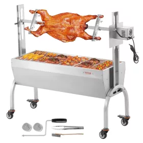   Bárány Grill, Szopós Malac Grill, Nyárs Grill, 90 kg-os Gördíthető BBQ Faszenes Nyárs Grill sertés-, bárány-, kecskehúshoz, Elektromos 52 W, Rozsdamentes Acél Forgónyárs Szélvédővel, 1185 mm