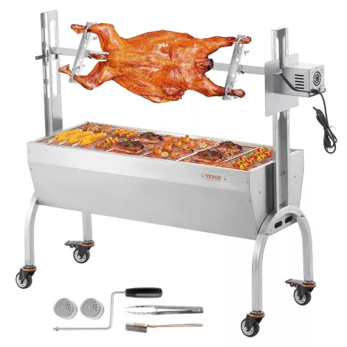 Bárány Grill, Szopós Malac Grill, Nyárs Grill, 90 kg-os Gördíthető BBQ Faszenes Nyárs Grill sertés-, bárány-, kecskehúshoz, Elektromos 52 W, Rozsdamentes Acél Forgónyárs Szélvédővel, 1185 mm