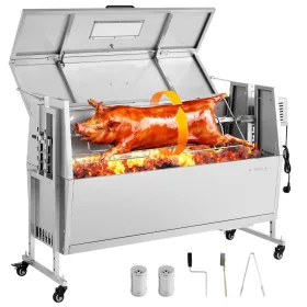  forgógrilles grill 38 W szopós malac grill bárány grill faszén grill (1168.4 mm grillhossz) 60 kg teherbírással és kerekekkel és 4 irányú magasságállítással és fedéllel, rozsdamentes acél elektromos grillkészlet kempingezéshez