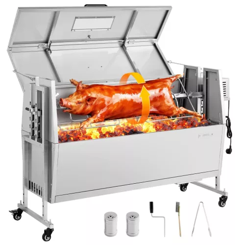 forgógrilles grill 38 W szopós malac grill bárány grill faszén grill (1168.4 mm grillhossz) 60 kg teherbírással és kerekekkel és 4 irányú magasságállítással és fedéllel, rozsdamentes acél elektromos grillkészlet kempingezéshez