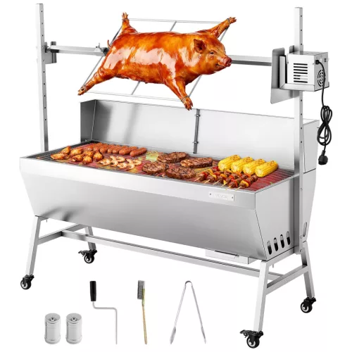 Rotisserie Grill 38 W szopós malac grill bárány grill faszén grill (1218 mm grillhossz) 60 kg teherbírással és kerekekkel és 4 irányú magasságállítással és védőburkolattal, elektromos grillkészlet kempingezéshez