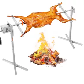   Elektromos BBQ Forgónyárs Grillsütő Készlet (60 kg teherbírás), 52 W, 1445 mm automatikusan állítható magasságú univerzális rozsdamentes acél sütőállvány, hővédő nyárs sertés- és bárányhúshoz