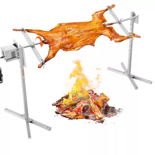 Elektromos BBQ Forgónyárs Grillsütő Készlet (60 kg teherbírás), 52 W, 1445 mm automatikusan állítható magasságú univerzális rozsdamentes acél sütőállvány, hővédő nyárs sertés- és bárányhúshoz