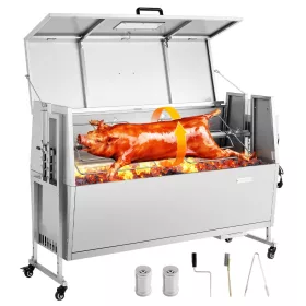   Rotisserie Grill 38 W szopós malac grill bárány grill faszén grill (132 cm grillhossz) 60 kg teherbírással és kerekekkel és 4 irányú magasságállítással és fedéllel, rozsdamentes acél elektromos grillkészlet kempingezéshez
