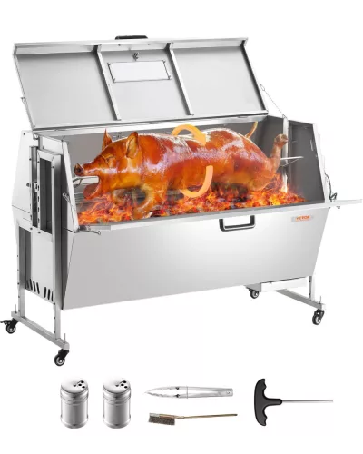 báránygrill, malacgrill, nyársas grill, 130 kg-os BBQ nyárs (60 W) sertés-, bárány-, kecskehúshoz, kereskedelmi forgónyárs grill zárható kerekekkel, kültéri kempingezéshez