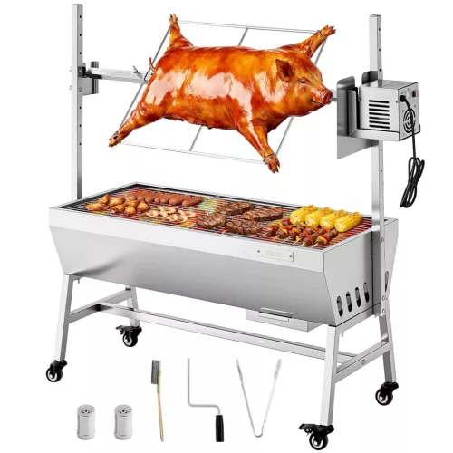 Rotisserie Grill 38 W szopós malac grill bárány grill faszén grill (94 cm grillhossz) 60 kg teherbírással és kerekekkel és 7-utas magasságállítással, rozsdamentes acél elektromos grillkészlet kempingezéshez