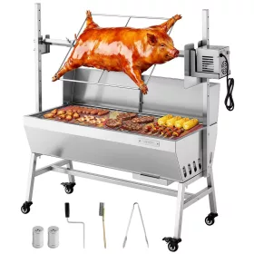   Rotisserie Grill 38 W szopós malac grill bárány grill faszén grill (94 cm grillhossz) 60 kg teherbírással és 7-utas magasságállítással és védőlemezzel, rozsdamentes acél elektromos grillkészlet kempingezéshez