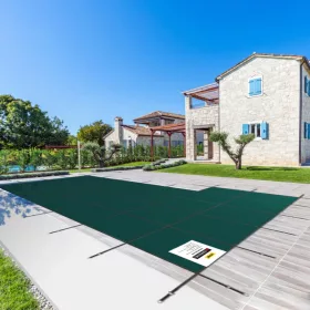   Úszómedence takaró 5,49x10,36 m biztonsági medencetakaró zöld, polipropilén hálós kivitel beépített medencékhez