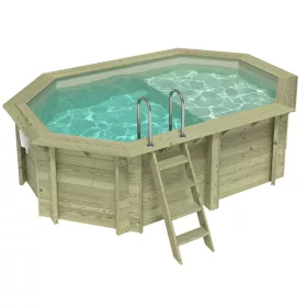   Fa épített medence 430x300x118 cm 8 szögletű nyújtott úszómedence, homok színű belső fóliával, betonozáshoz való tartókkal és beépített napozóval