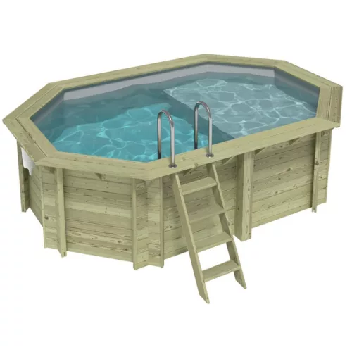 Fa épített medence 430x300x118 cm 8 szögletű nyújtott úszómedence, szürke belső fóliával, betonozáshoz való tartókkal és beépített napozóval