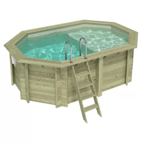   Fa épített medence 430x300x131 cm 8 szögletű nyújtott úszómedence, homok színű belső fóliával, keretes kivitelben betonozás nélkül és beépített napozóval