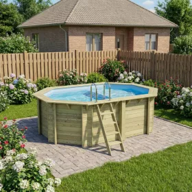   Fa épített medence 430x300x131 cm 8 szögletű nyújtott úszómedence, kék belső fóliával, betonozáshoz való tartókkal és beépített napozóval