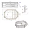 Fa épített medence 430x300x131 cm 8 szögletű nyújtott úszómedence, kék belső fóliával, betonozáshoz való tartókkal és beépített napozóval