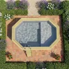 Fa épített medence 430x300x131 cm 8 szögletű nyújtott úszómedence, szürke belső fóliával, betonhoz csavarozott tartókonzolokkal és beépített napozóval