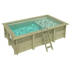   Fa épített medence 465x285x124 cm téglalap alakú úszómedence, homok színű belső fóliával, betonhoz csavarozott tartókonzolokkal és beépített napozóval