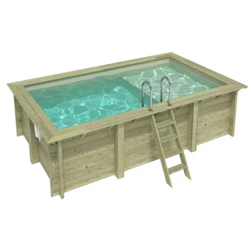 Fa épített medence 465x285x124 cm téglalap alakú úszómedence, homok színű belső fóliával, keretes kivitelben betonozás nélkül és beépített napozóval