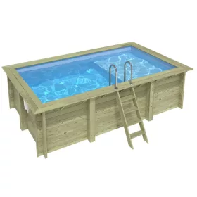   Fa épített medence 465x285x124 cm téglalap alakú úszómedence, kék belső fóliával, betonhoz csavarozott tartókonzolokkal és beépített napozóval