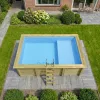 Fa épített medence 465x285x124 cm téglalap alakú úszómedence, kék belső fóliával, betonhoz csavarozott tartókonzolokkal és beépített napozóval
