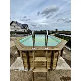   Épített medence 560x370x120 cm teljes felszereltségű úszómedence nyolcszögletes, nyújtott forma