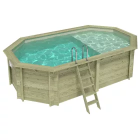   Fa épített medence 579x349x145 cm 8 szögletű nyújtott úszómedence, homok színű belső fóliával, betonhoz csavarozott tartókonzolokkal és beépített napozóval