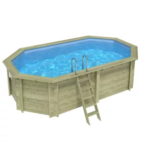   Fa épített medence 579x349x145 cm 8 szögletű nyújtott úszómedence, kék belső fóliával, betonhoz csavarozott tartókonzolokkal