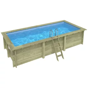   Fa épített medence 610x285x131 cm téglalap alakú úszómedence, kék belső fóliával, betonhoz csavarozott tartókonzolokkal