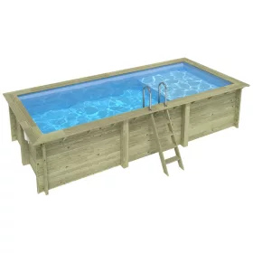   Fa épített medence 610x285x131 cm téglalap alakú úszómedence, kék belső fóliával, betonozáshoz való tartókkal és beépített napozóval