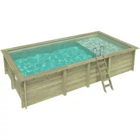   Fa épített medence 700x375x145 cm téglalap alakú úszómedence, homok színű belső fóliával, betonozáshoz való tartókkal és beépített napozóval