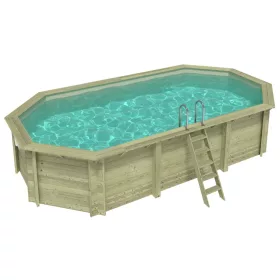   Fa épített medence 730x397x145 cm 8 szögletű nyújtott úszómedence, homok színű belső fóliával, keretes kivitelben betonozás nélkül
