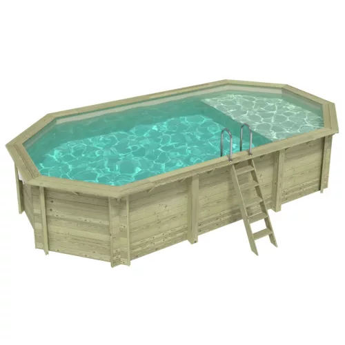 Fa épített medence 730x397x145 cm 8 szögletű nyújtott úszómedence, homok színű belső fóliával, betonozáshoz való tartókkal és beépített napozóval