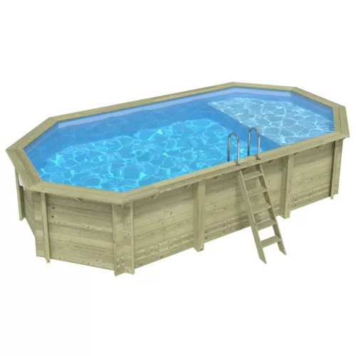 Fa épített medence 730x397x145 cm 8 szögletű nyújtott úszómedence, kék belső fóliával, keretes kivitelben betonozás nélkül és beépített napozóval