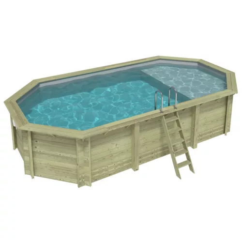 Fa épített medence 730x397x145 cm 8 szögletű nyújtott úszómedence, szürke belső fóliával, betonhoz csavarozott tartókonzolokkal és beépített napozóval