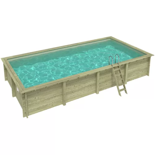 Fa épített medence 850x430x145 cm téglalap alakú úszómedence, homok színű belső fóliával, betonhoz csavarozott tartókonzolokkal